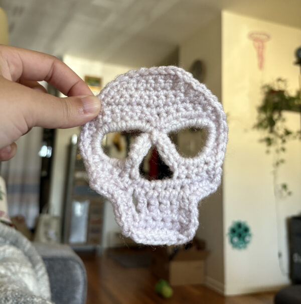 Light pink skull held up with a blurry room behind.