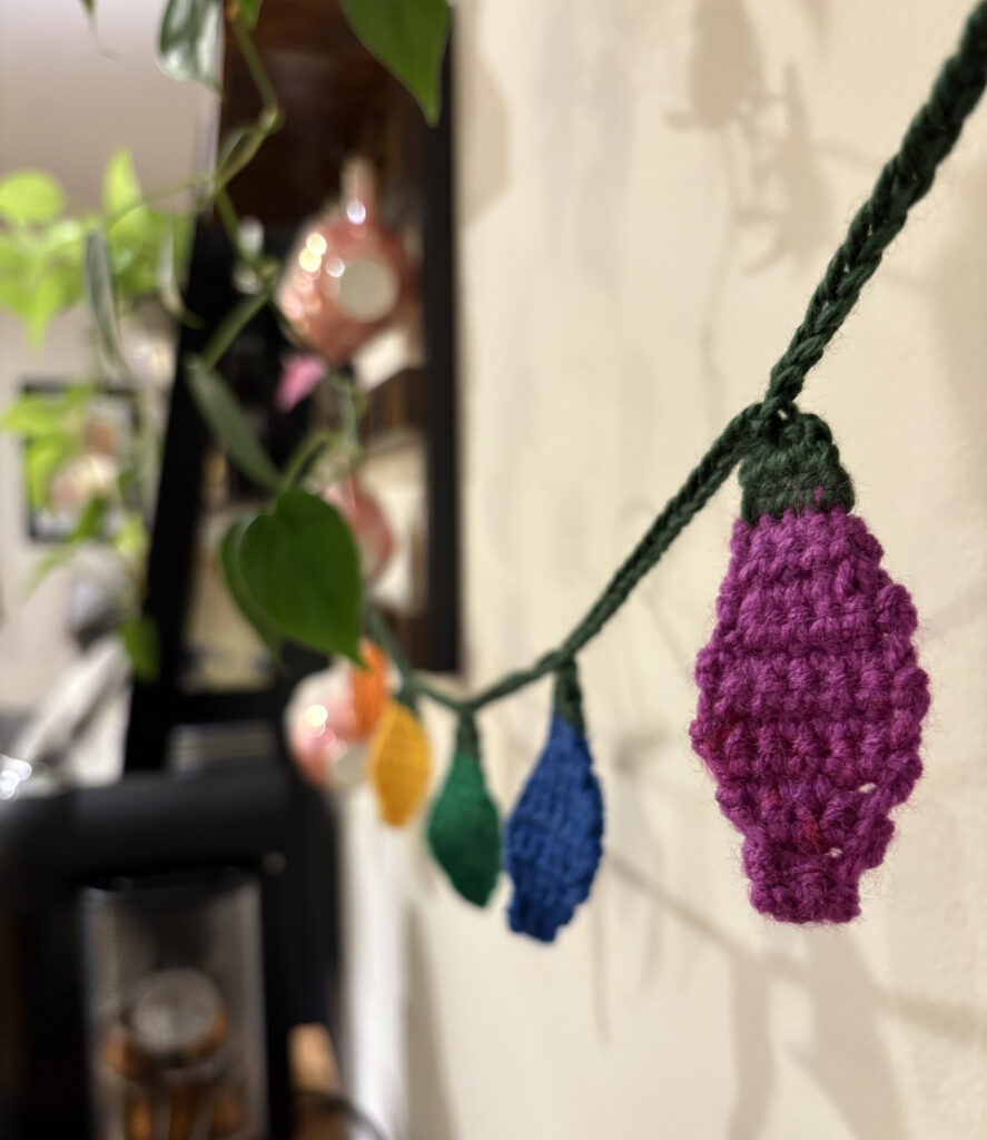 A string of crochet rainbow lights hanging near a wall with a plant and coffee cups blurred in the background.